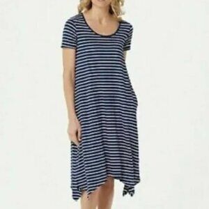 CUDDL DUDS FLEXWEAR Blue Striped Sz XS Soft Stretchy Midi Lounge Dress Pockets